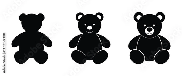 Obraz A set of three classic teddy bear vector silhouette designs. Simple collection. Isolated bundle on white background.