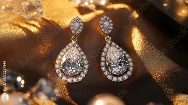 Fototapeta Elegant pear-shaped diamond earrings on gold fabric with ice background