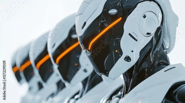 Fototapeta Generate a futuristic scene featuring a line of sleek, humanoid robots standing in perfect alignment, showcasing advanced technology