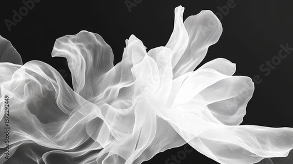 Fototapeta minimalism and abstract illustration, black background, ballpoint drawing art style, white, capillary effect, extremely close-up shot to fluorescent white lotus, white patter with gradient translucent