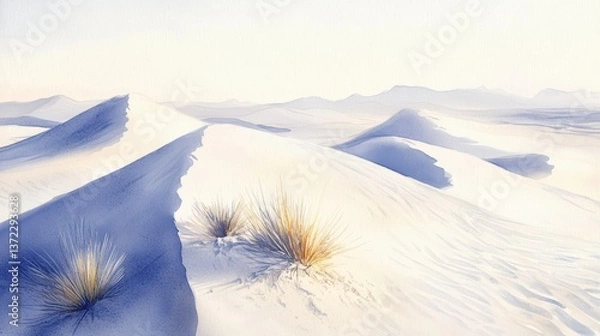 Fototapeta Soft dune patterns, muted sands and delicate shadows, serene atmosphere, Watercolor style 