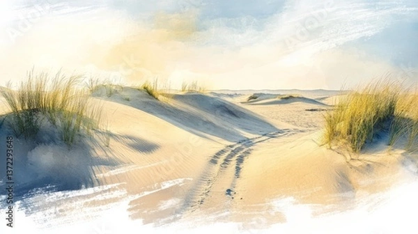 Fototapeta Soft dune patterns, muted sands and delicate shadows, serene atmosphere, Watercolor style 
