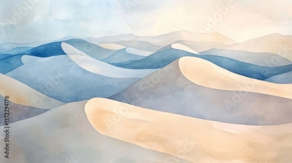 Fototapeta Soft dune patterns, muted sands and delicate shadows, serene atmosphere, Watercolor style 