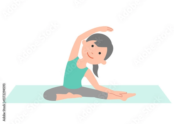 Fototapeta ヨガマットの上で、ヨガのポーズをする女性