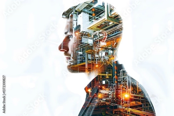 Fototapeta Double Exposure of Man and Industrial Landscape with Light Effects