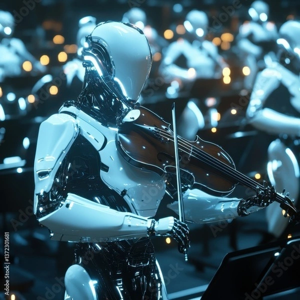Fototapeta A futuristic robotic orchestra performing a symphony, glowing digital instruments generating mesmerizing sounds, hyper-realistic lighting