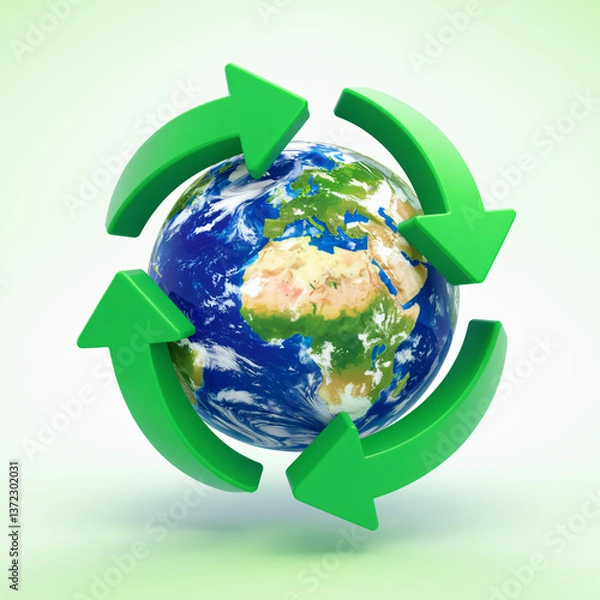 Fototapeta Earth with Recycling Arrows: A 3D globe encircled by rotating arrows, illustrating sustainability and circular practices.