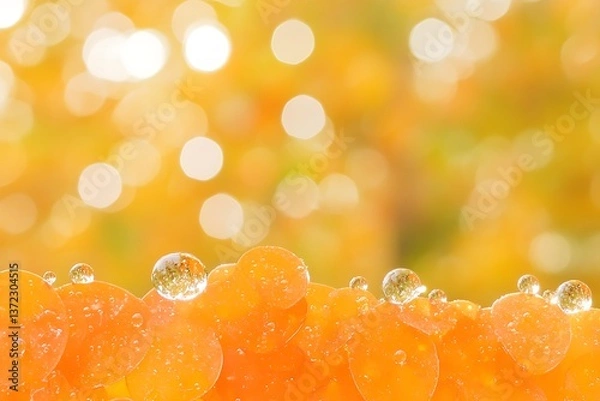 Fototapeta Orange flower petals with reflective water droplets against soft bokeh