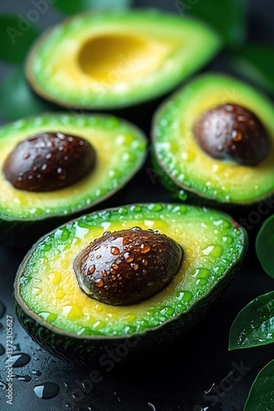 Fototapeta Fresh avocados sliced open with vibrant green texture water droplets on surface soft light macro food styling