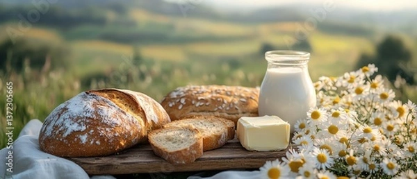 Fototapeta Fresh bread butter and milk on picnic table in countryside daisy field green hills background soft focus