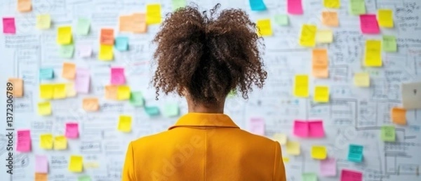 Fototapeta Woman in yellow jacket analyzing colorful sticky notes on a whiteboard, brainstorming session, creative workspace
