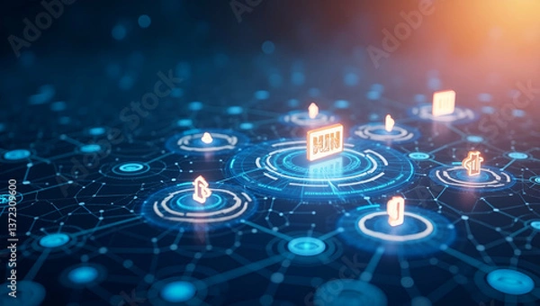 Fototapeta Contemporary Wallpaper Design: Abstract Digital Ledger Motifs & Blockchain Icons for Fintech Branding with Expansive Space for Text Overlays