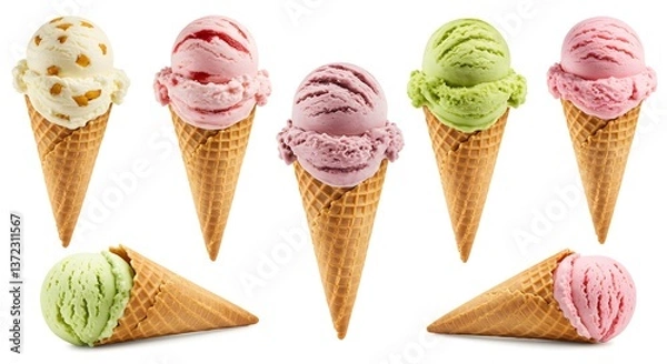 Fototapeta A delightful assortment of ice cream cones showcasing creamy strawberry, pistachio, and mango flavors in crisp waffle cones against a bright white background.