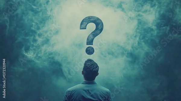 Obraz Giant Floating Question Mark Over Man's Head in Dreamy Atmosphere