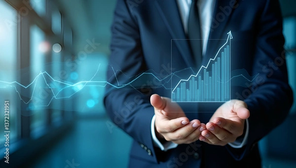 Fototapeta Explore a photo-realistic persona intertwined with a trend graph and stock report, symbolizing market insights and analysis, perfect for your project.