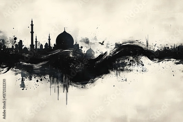 Fototapeta An artistic painting depicting the silhouette of a cityscape at dawn