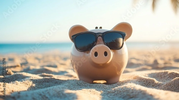 Fototapeta Relax Smiling Pink Piggy Bank using eyeglass Resting on Sandy Beach with Gentle Ocean Waves and Clear Sky in Background, Representing Financial Freedom with Copy Space