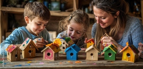 Fototapeta Parents and child at a cozy farmhouse table, painting wooden birdhouses with bright colors, each focused and smiling, creating a beautiful memory of creativity and togetherness.