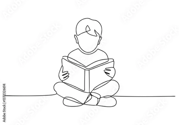 Fototapeta Continuous line drawing of a boy sitting on the floor reading a book in a minimalist one-line art style

