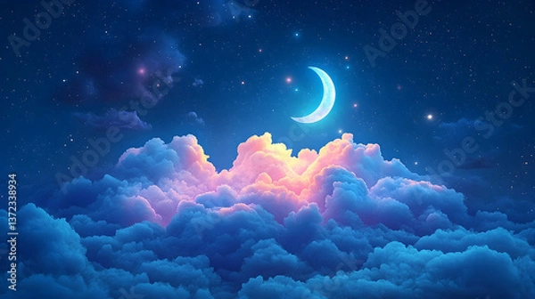 Fototapeta A crescent moon glows over fluffy colorful clouds at night