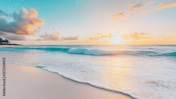 Fototapeta A serene beach at sunrise with gentle waves lapping against the shore 