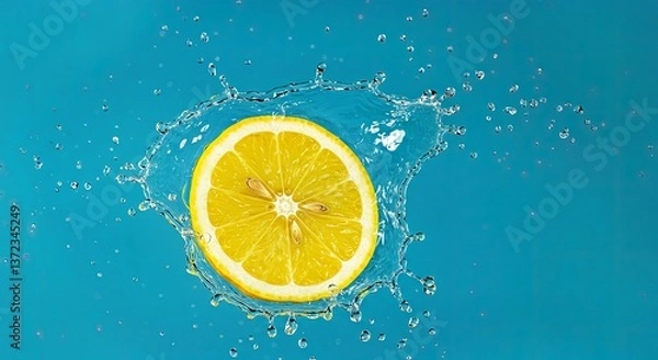 Fototapeta A Water Splash Effect on a Floating Lemon Slice