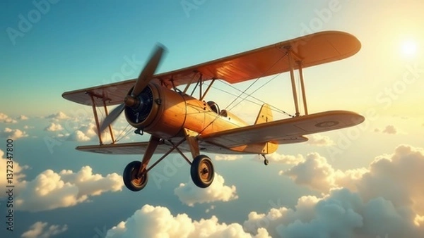 Fototapeta Golden Biplane Soaring Through a Sunset Sky Above Fluffy Clouds, a Vintage Aircraft in Flight