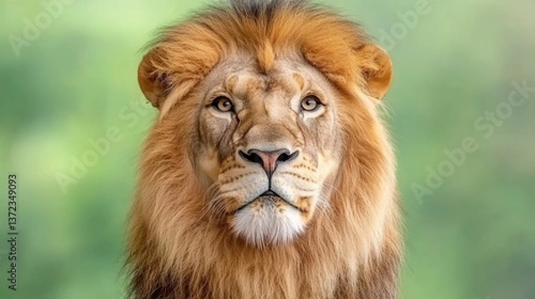 Fototapeta Close up portrait of a majestic male lion with a golden mane against a blurred green background. The lion's gaze is direct and intense, conveying power and regality.
