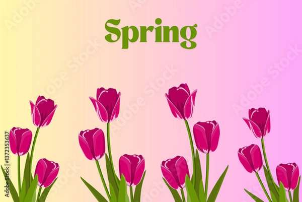 Fototapeta Różowe tulipany z zielonymi liśćmi i łodygami na pastelowym tle z napisem Spring