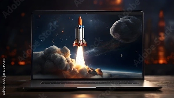 Obraz space rocket on a laptop