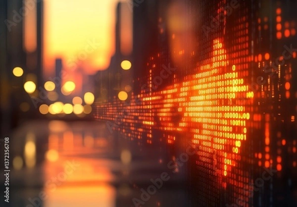 Fototapeta A wall display of orange digital binary code superimposed on city lights scene