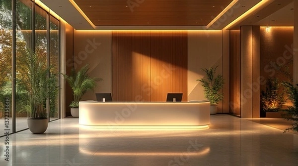Fototapeta Minimalist Reception Area With Illuminated Desk, Plants And Natural Light. Modern Interior Design For Office, Lobby Or Hotel Concept.