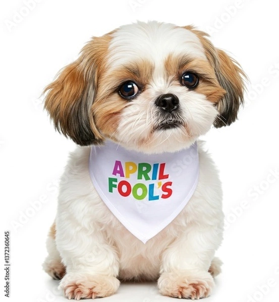 Obraz A little playful Shih Tzu wearing a tiny April Fools bandana isolated on white background