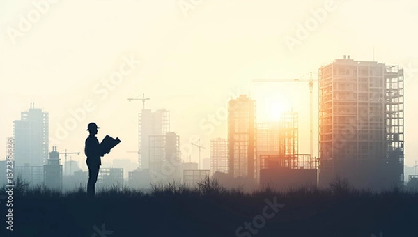 Obraz Photo realistic double exposure of a silhouette of a person merged with a site plan, symbolizing construction planning and project management with ample copy space.