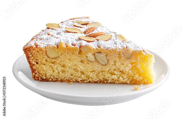 Fototapeta Almond cake slice with powdered sugar topping isolated on transparent background
