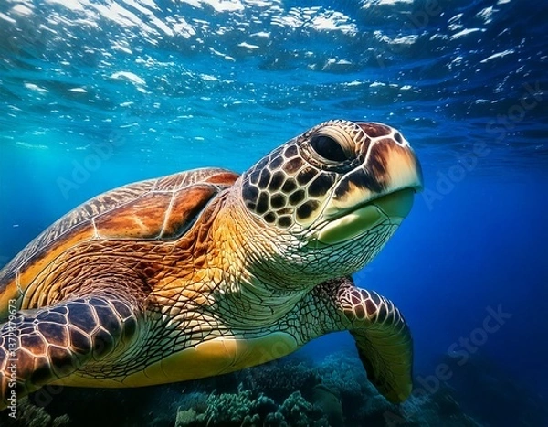 Obraz Close-up shot of a green turtle swimming peacefully in crystal clear waters, with intricate details on its patterned shell illuminated by sunlight