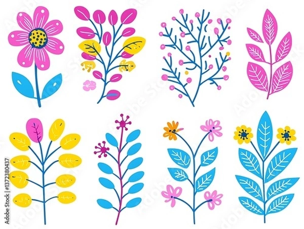 Obraz Stylized colorful illustrations of various floral and botanical elements