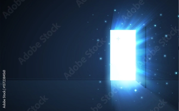 Fototapeta Open door with abstract light on blue background. Digital gateway, virtual doorway.
