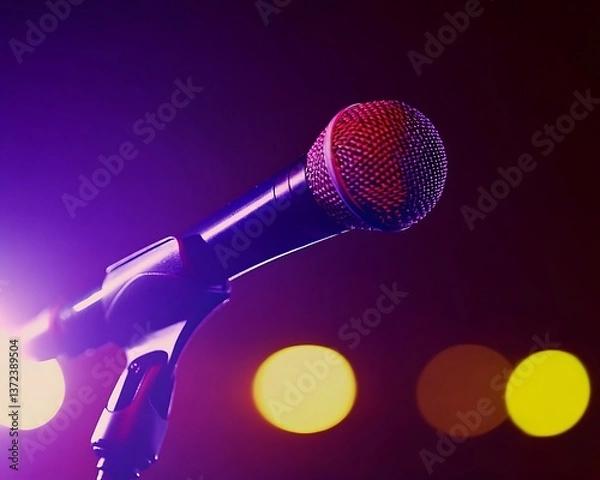 Fototapeta A close up view of a microphone ready for performance