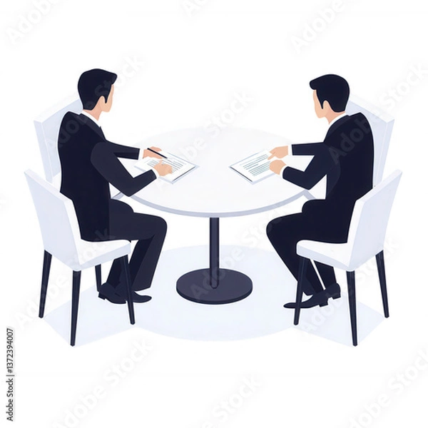 Fototapeta Two business professionals discussing documents at a round table, dressed in formal attire, creating a collaborative atmosphere.
