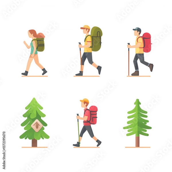 Fototapeta Vector illustration of hikers enjoying nature with backpacks, walking in a forest, and observing pine trees. Perfect for outdoor activity themes.