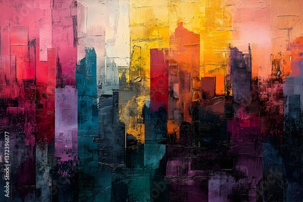 Fototapeta Abstract Oil Painting Depicting Buildings and a Colorful Skyline