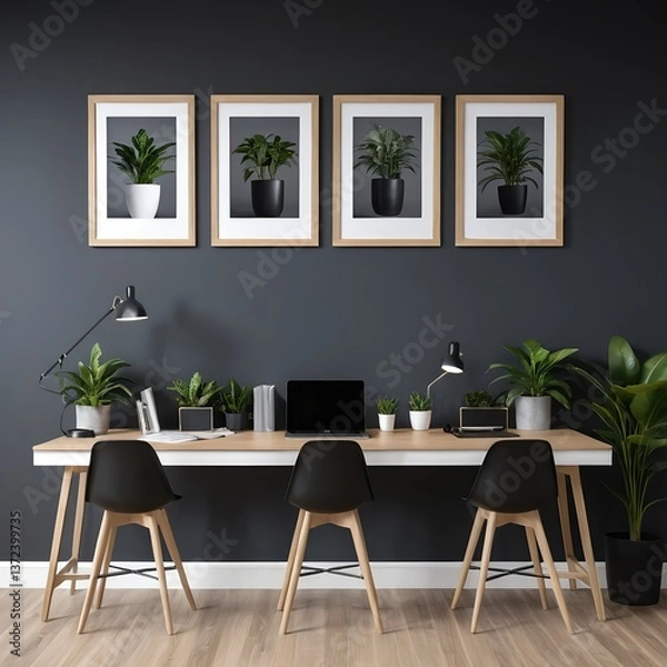 Fototapeta Modern Home Office Workspace with Plants and Minimalist Decor
