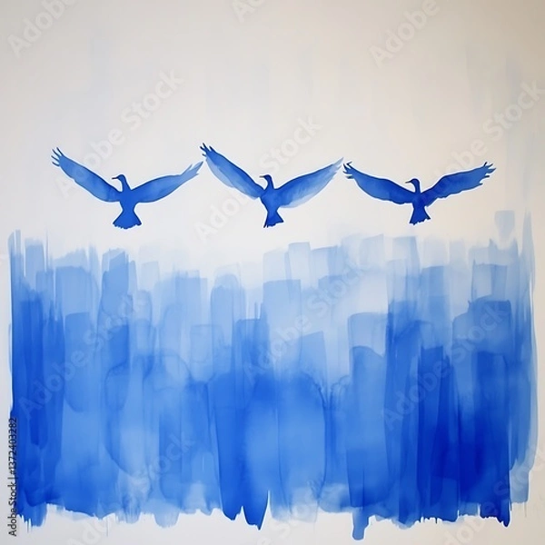 Obraz Three blue birds in flight above abstract watercolor painting