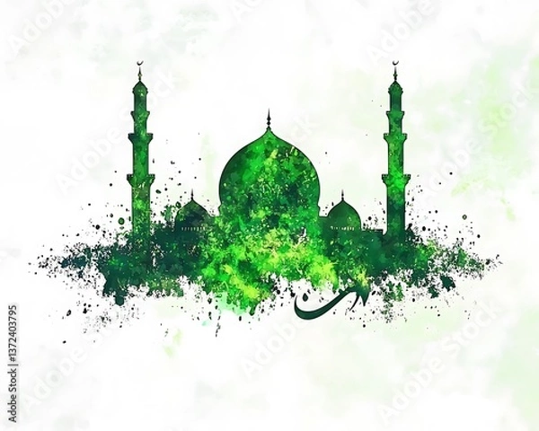Obraz A Green Mosque Painting with Watercolor Splatter Effects