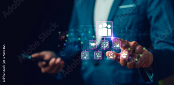 Fototapeta HR management concept, administration of human resources within an organization, focusing on recruitment, training, conflict resolution, and fostering a productive organizational culture