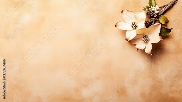 Fototapeta Flowers arranged with branch are situated on the textured peach background in the upper right corner.