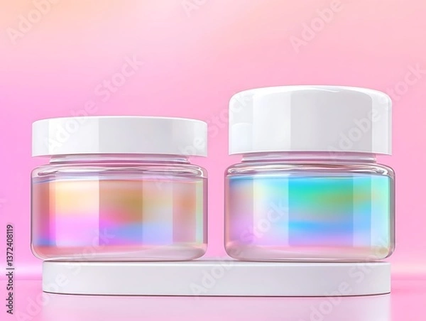 Obraz Two glass jars with holographic effect on white display stand