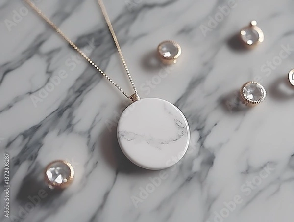 Obraz A delicate pendant necklace rests on a marble surface