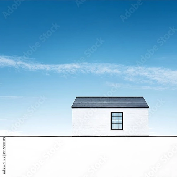 Obraz A small white house with a window and dark roof under blue sky